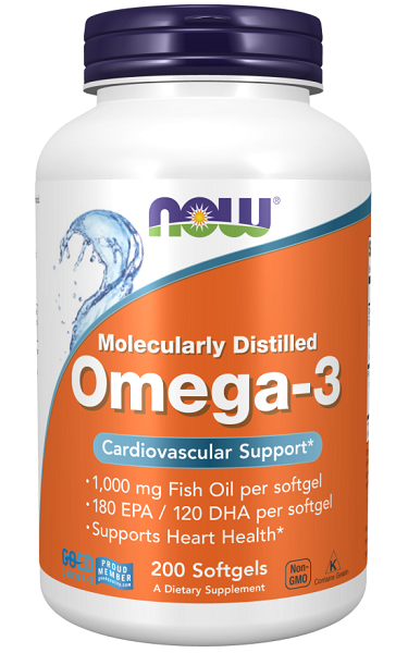 Eine Flasche Omega-3 180 EPA/120 DHA 200 Softgel von Now Foods zur Förderung der Herzgesundheit und zur Unterstützung des Immunsystems.