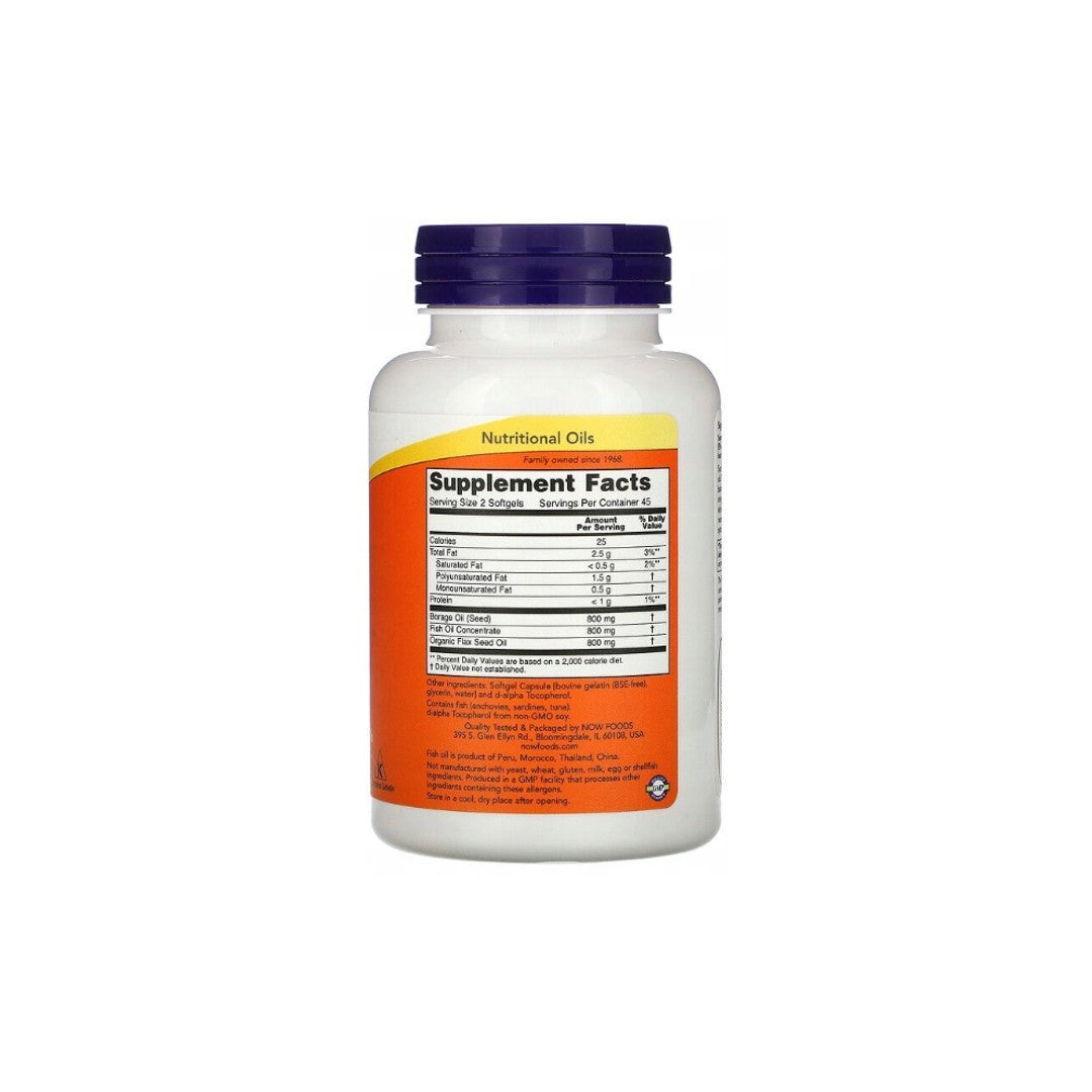 Eine Flasche Omega 3-6-9 90 Softgels mit entzündungshemmenden Eigenschaften auf einem weißen Hintergrund von Now Foods.