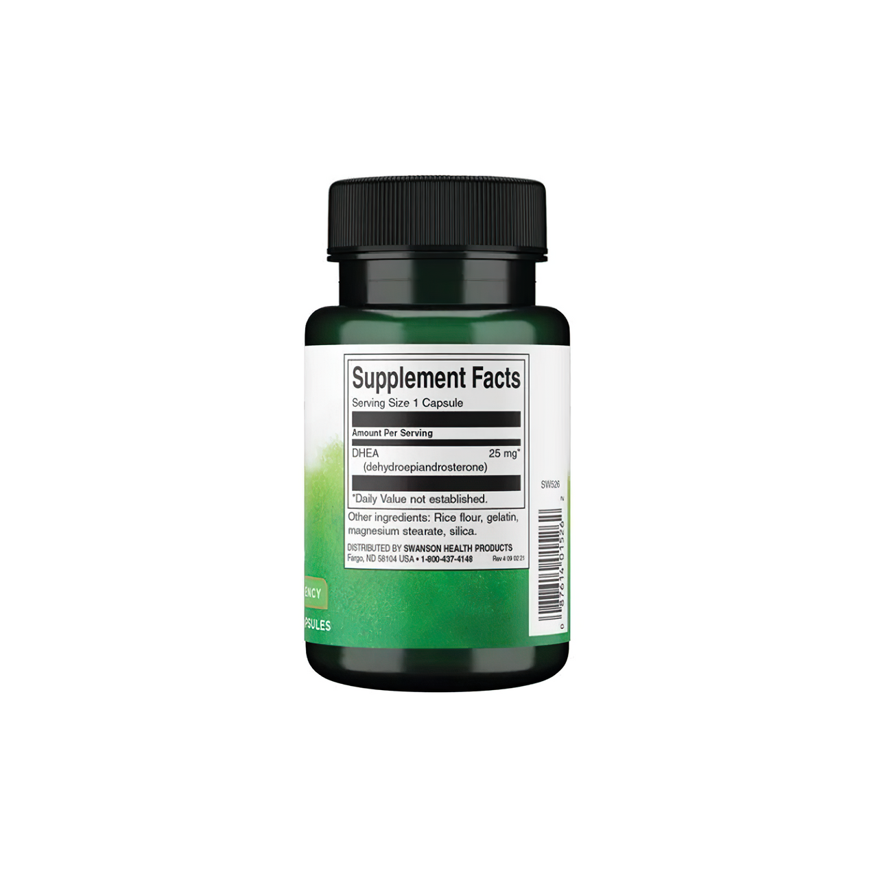 Eine Flasche Swanson DHEA - High Potency - 25 mg 120 Kapseln auf einem weißen Hintergrund.