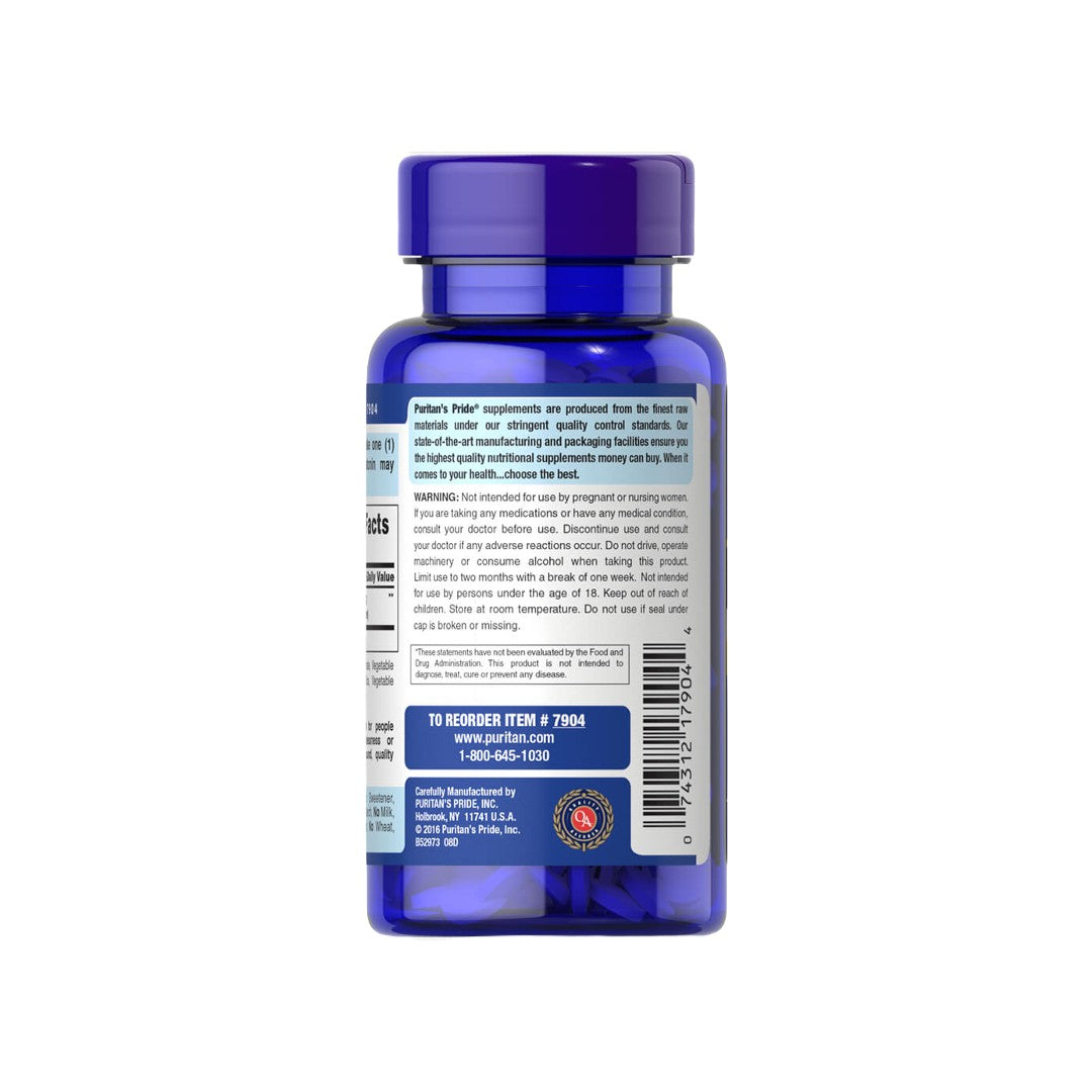 Die Rückseite einer blauen Flasche Melatonin 3 mg 240 Tabletten von Puritan's Pride.
