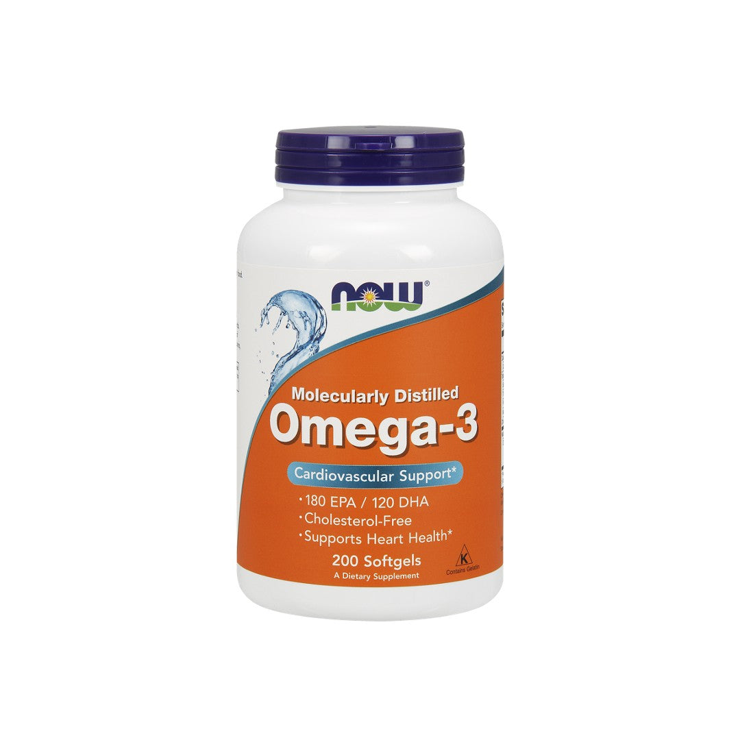 Eine Flasche Now Foods Omega-3 180 EPA/120 DHA 200 Softgel, die die Gesundheit des Herzens und die Gehirnfunktion fördern.