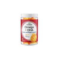 Vorschaubild für Swanson Omega plus DHA 60 gummies - Citrus auf weißem Hintergrund, mit essentiellen Fettsäuren zur Förderung der Herzgesundheit und zur Kontrolle des Cholesterin- und Triglyceridspiegels.