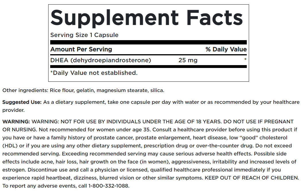 Ein Swanson Ergänzungsetikett mit Informationen über das DHEA - High Potency - 25 mg 120 Kapseln.