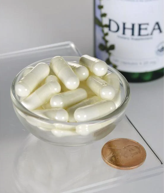 Eine Flasche Swanson DHEA - High Potency - 25 mg 120 Kapseln in einer Schale neben einem Pfennig.