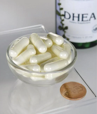 Thumbnail for Eine Flasche Swanson DHEA - High Potency - 25 mg 120 Kapseln in einer Schale neben einem Penny.