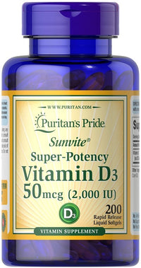 Thumbnail for Puritan's Pride Vitamin D3 2000 IU 200 Rapid Release Liquid Softgels promotes calcium absorption and supports bone growth with its high concentration of vitamin D3.