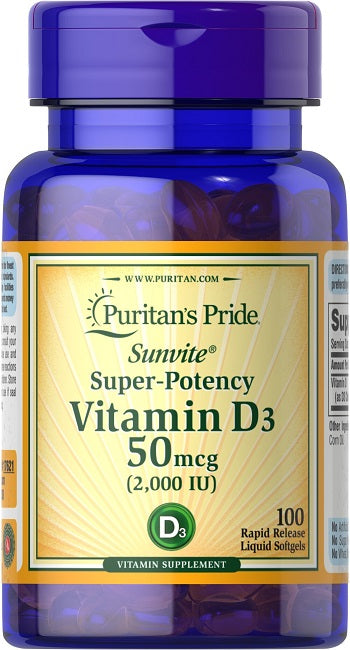 Puritan's Pride Vitamin D3 2000 IU 100 Rapid Release Liquid Softgels enhances calcium absorption and supports immune function.