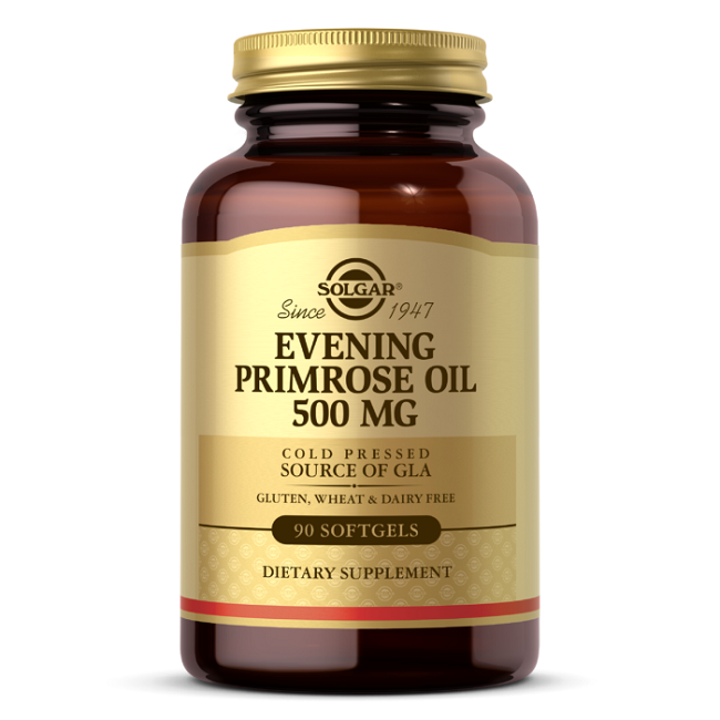 A bottle of Solgar Evening Primrose Oil 500 mg dietary supplement, labeled as gluten, wheat, and dairy-free, containing 90 softgels for skin health.