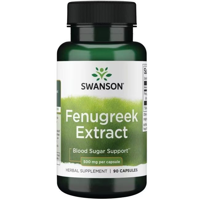 A bottle of Swanson Fenugreek Extract 500 mg dietary supplement with 90 capsules, advertised for supporting glucose metabolism and sexual function.
