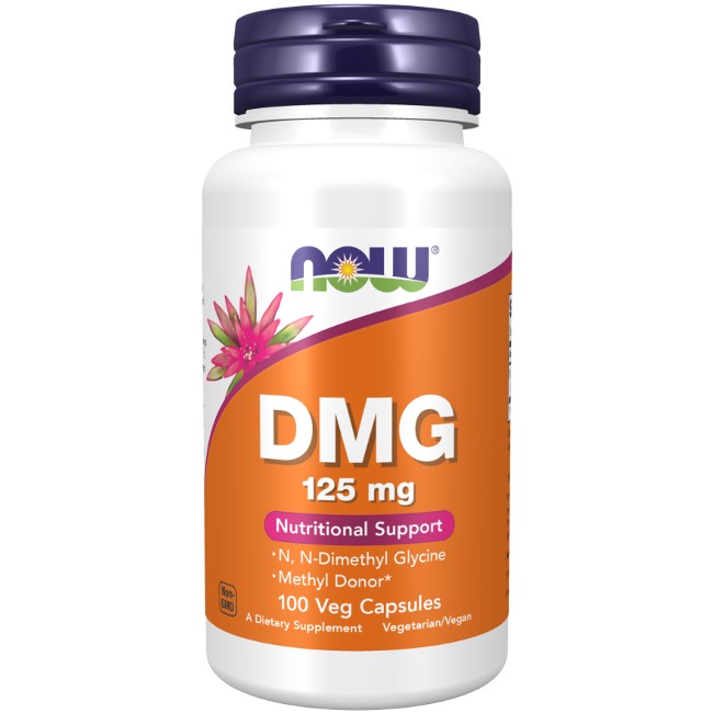 A bottle of Now Foods DMG 125 mg immune system support dietary supplement with 100 vegetarian capsules, labeled for nutritional support.