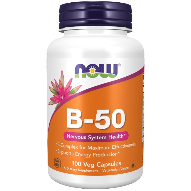 A bottle of Now Foods Vitamin B-50 mg 100 Veg Capsules, labeled for nervous system support and energy support, containing 100 vegetarian capsules.