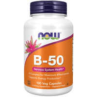 Thumbnail for A bottle of Now Foods Vitamin B-50 mg 100 Veg Capsules, labeled for nervous system support and energy support, containing 100 vegetarian capsules.