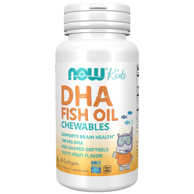 A bottle of Now Foods DHA 100 mg Kids Fish Oil 60 Chewable Softgels for brain development, featuring an orange and blue label, fish-shaped softgels, and fruit flavor.