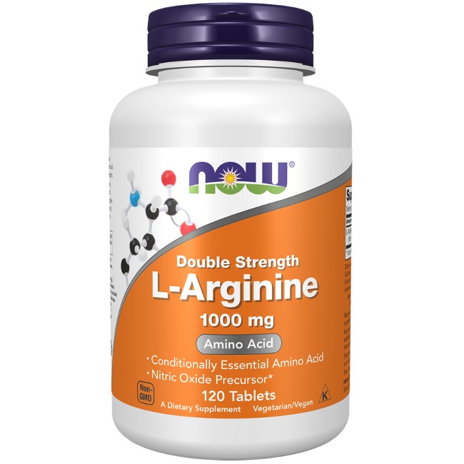 A bottle of Now Foods L-Arginine 1000 mg 120 Tablets, labeled as an amino acid and protein production enhancer.