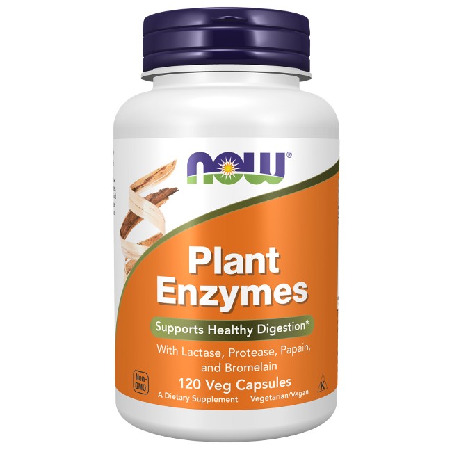 Bottle of Now Foods Plant Enzymes 120 Veg Capsules dietary supplement, labeled for digestive support, featuring lactase, protease, papain, and bromelain.