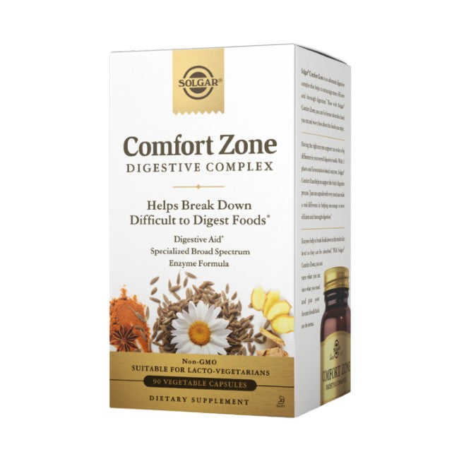 A box of Solgar Comfort Zone Digestive Complex 90 Vegetable Capsules dietary supplement, containing 90 vegetable capsules, marketed as providing digestive support for difficult foods.