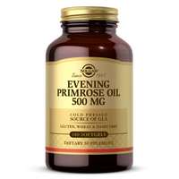 Thumbnail for A bottle of Solgar Evening Primrose Oil 500 mg softgels, highlighting its cold-pressed source of GLA and benefits for skin health, while being gluten, wheat, and dairy-free.
