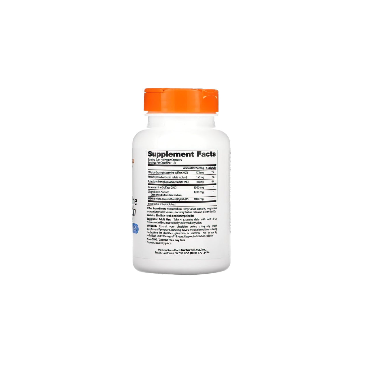 Eine Flasche Doctor's Best Glucosamin Chondroitin MSM 120 Kapseln auf einem weißen Hintergrund.