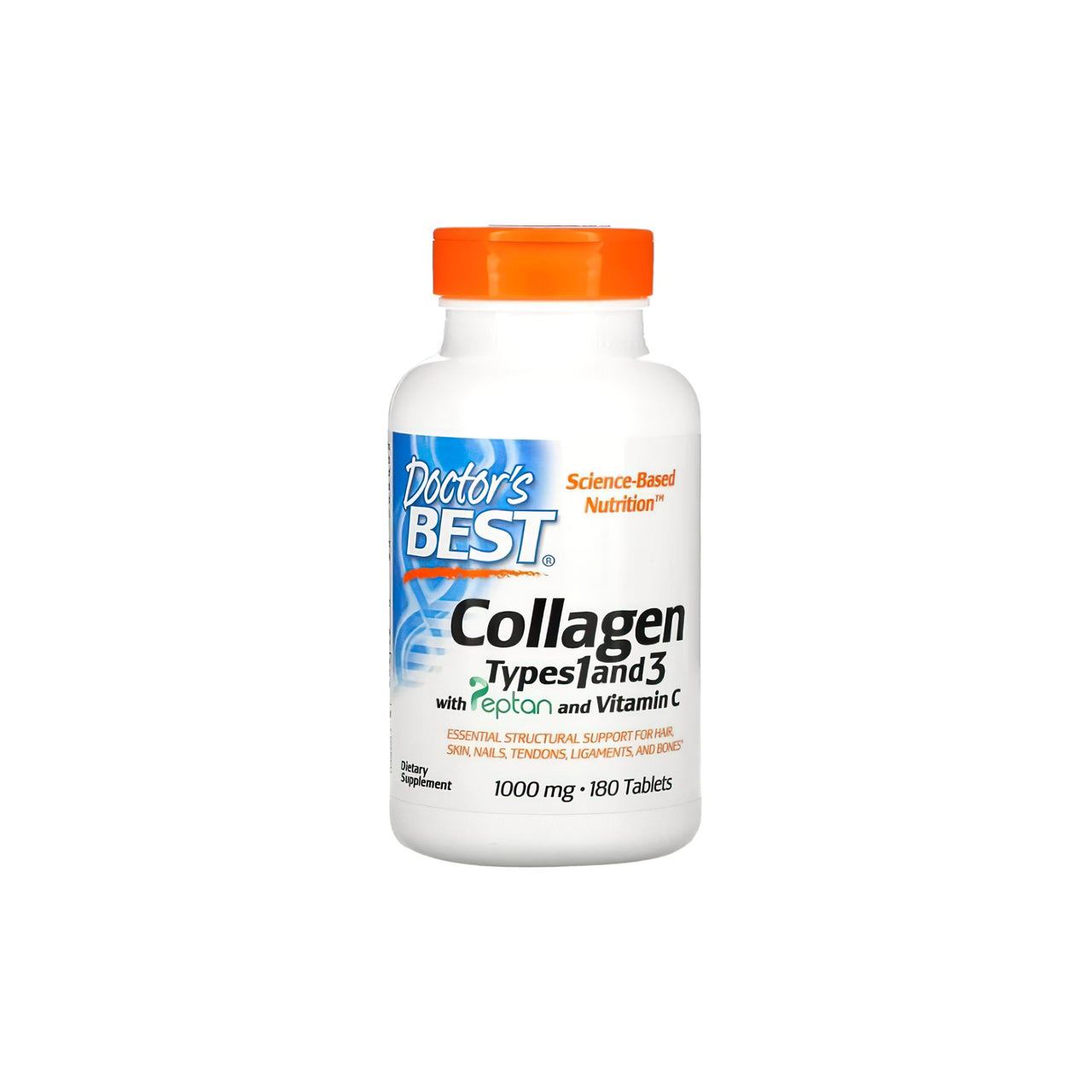 Eine Flasche Doctor's Best Collagen Typ 1 und 3 1000 mg 180 Tabletten, die beste Kollagenergänzung.