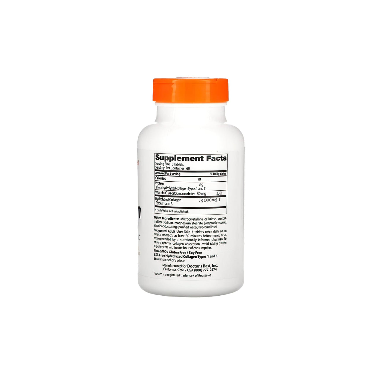Eine Flasche Doctor's Best Collagen Typ 1 und 3 1000 mg 180 Tabletten auf einem weißen Hintergrund.