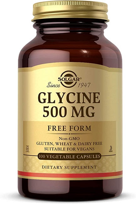 Eine Flasche Solgar Glycin 500 mg 100 pflanzliche Kapseln in freier Form.
