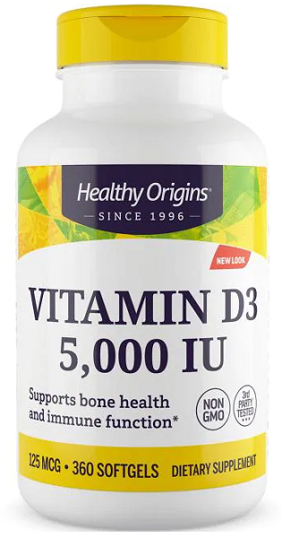 Healthy Origins Vitamin D3 5000 IU 360 capsules supports the immune system and musculoskeletal system.