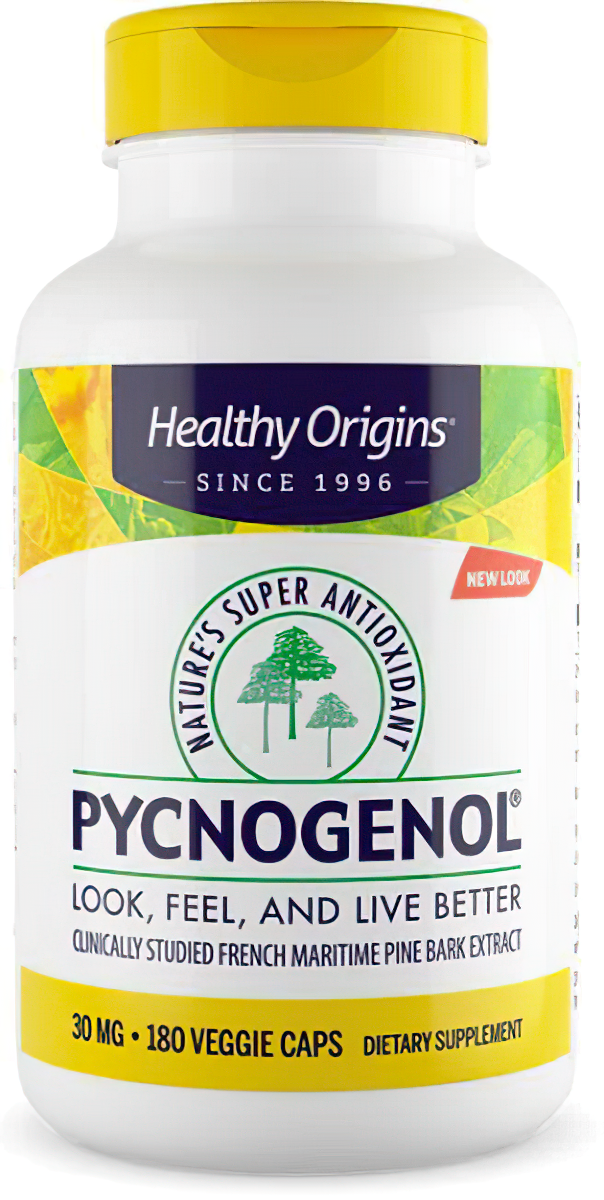 Eine Flasche Healthy Origins Pycnogenol 30 mg 180 Vegikapseln, ein Nahrungsergänzungsmittel für die Herz-Kreislauf-Gesundheit, das reich an Antioxidantien ist.