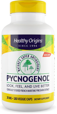 Vorschaubild für Eine Flasche Healthy Origins Pycnogenol 30 mg 180 Veggie-Kapseln, ein Nahrungsergänzungsmittel für die kardiovaskuläre Gesundheit, das reich an Antioxidantien ist.