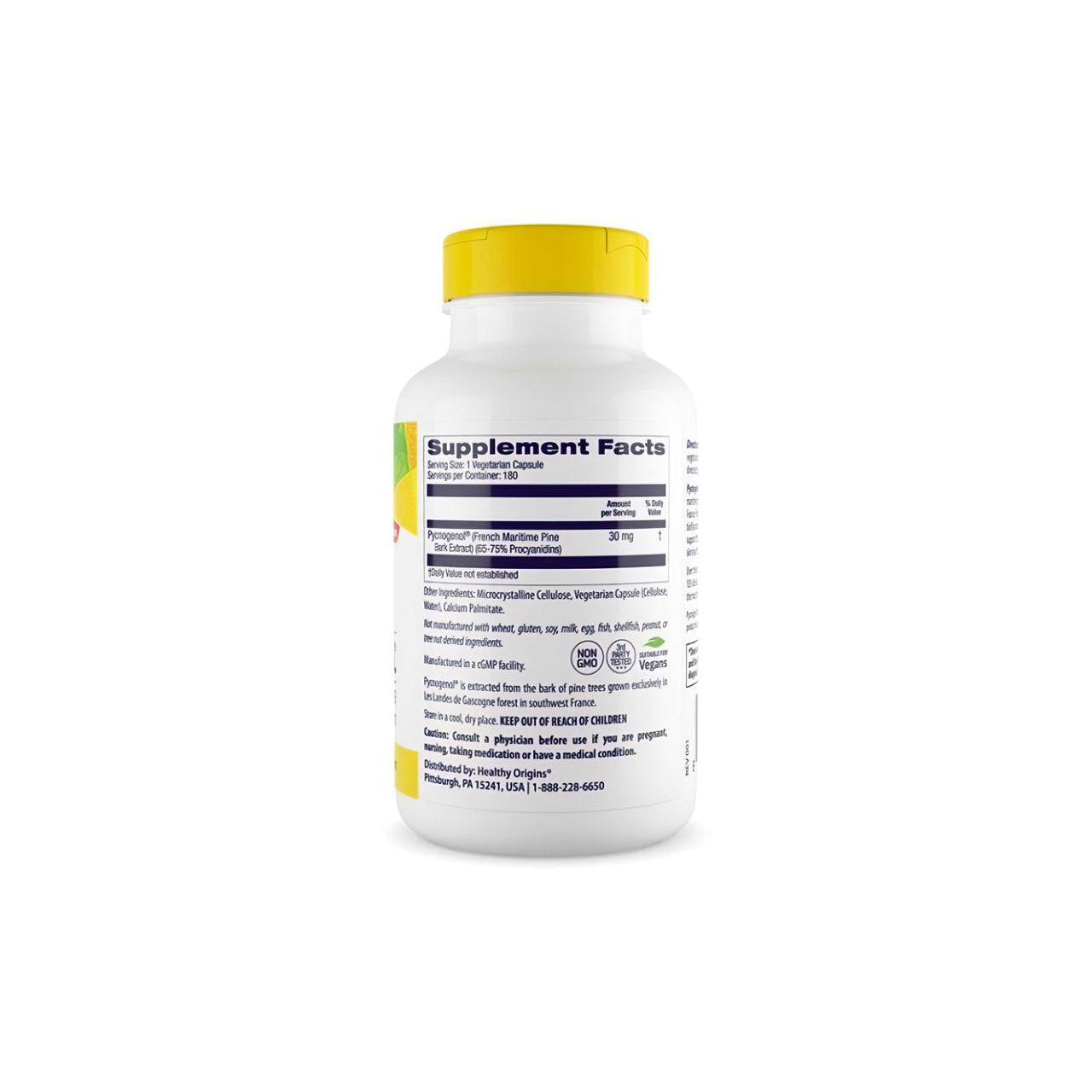 Eine Nahrungsergänzungsflasche mit Pycnogenol 30 mg 180 Vegikapseln, einem starken Antioxidans für die kardiovaskuläre Gesundheit, präsentiert auf einem sauberen weißen Hintergrund, von Healthy Origins.
