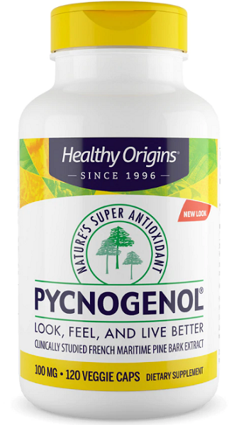 Eine Flasche des antioxidantienreichen Healthy Origins Pycnogenol 100 mg 120 Veggie-Kapseln, das aus Seekiefernrindenextrakt gewonnen wird. Ideal zur Förderung der kardiovaskulären Gesundheit.