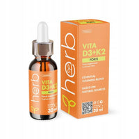 Thumbnail for A 30ml dropper bottle of Herb Vitamin D3 + K2, which focuses on supporting cardiovascular health, is placed next to its vibrant orange packaging. The box emphasizes the inclusion of essential vitamins like naturally sourced Vitamin D3 and Vitamin K2.