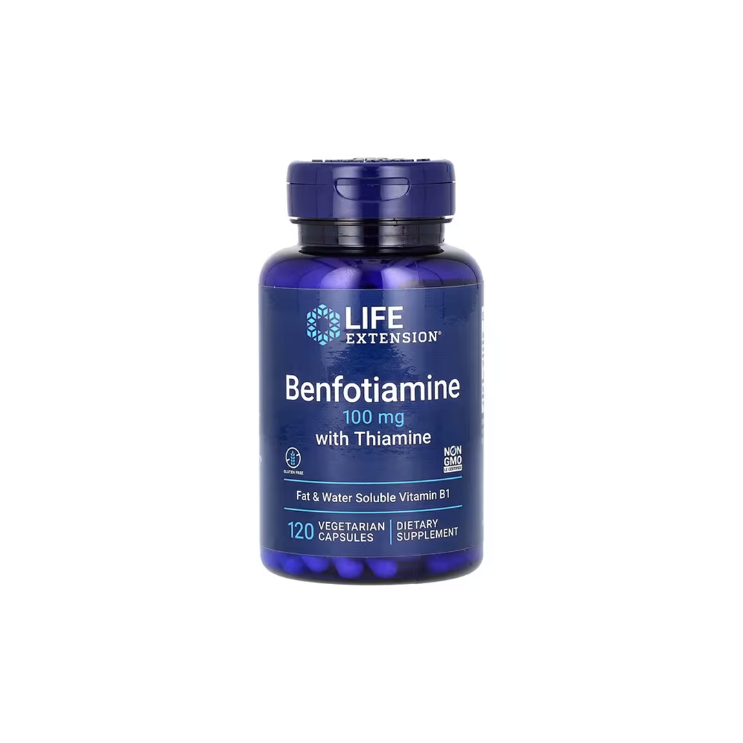 A bottle of Benfotiamine 100 mg with Thiamine by Life Extension, featuring antioxidant properties, is non-GMO and contains 120 vegetarian capsules.