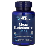 Thumbnail for A bottle of Life Extension Mega Benfotiamine, 250 mg, in blue packaging includes 120 vegetarian capsules. It is labeled as gluten-free and non-GMO and may offer antioxidant effects to aid in glucose metabolism.