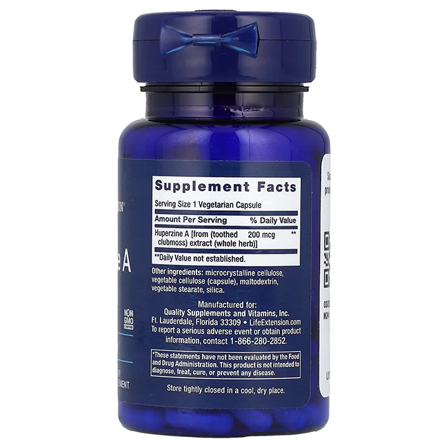 Life Extension's Huperzine A 200 mcg 60 Vegetarian Capsules feature a blue bottle with a label displaying serving size, daily value percentage, and contact information for the manufacturer. This product is designed to aid in cognitive function and memory support.