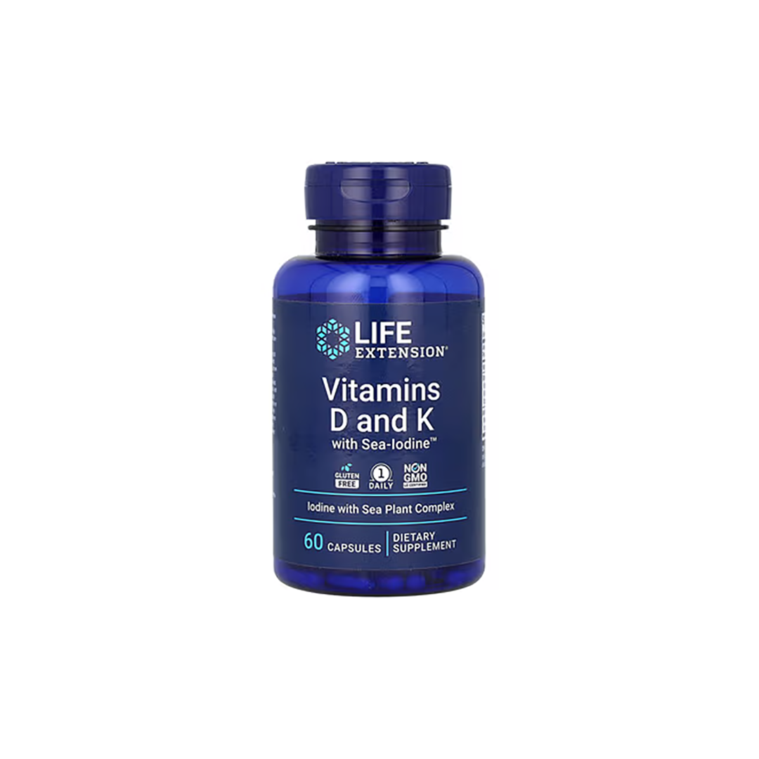 The Life Extension Vitamins D and K with Sea-Iodine bottle, containing 60 non-GMO, gluten-free capsules, supports bone health.