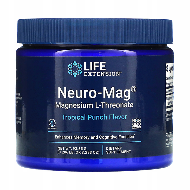 A 93.35g blue container of Life Extension's Neuro-Mag Magnesium L-Threonate in a tropical punch flavor is marketed as a dietary supplement designed to enhance memory and cognitive function. This non-GMO, gluten-free product effectively supports brain health.