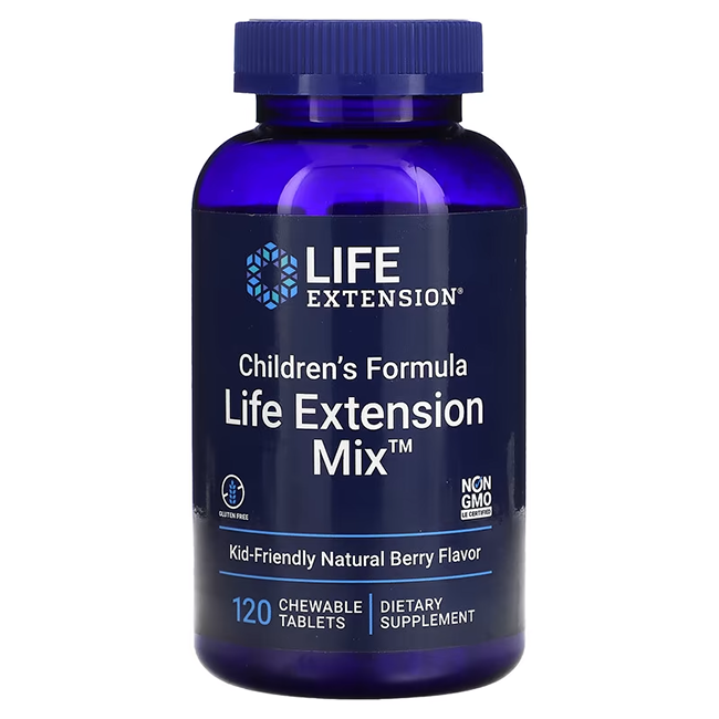 A blue bottle of "Children's Formula Life Extension Mix" from Life Extension contains 120 chewable tablets with a natural berry flavor. This non-GMO children's vitamin and mineral supplement offers essential nutrients to support your child's health.