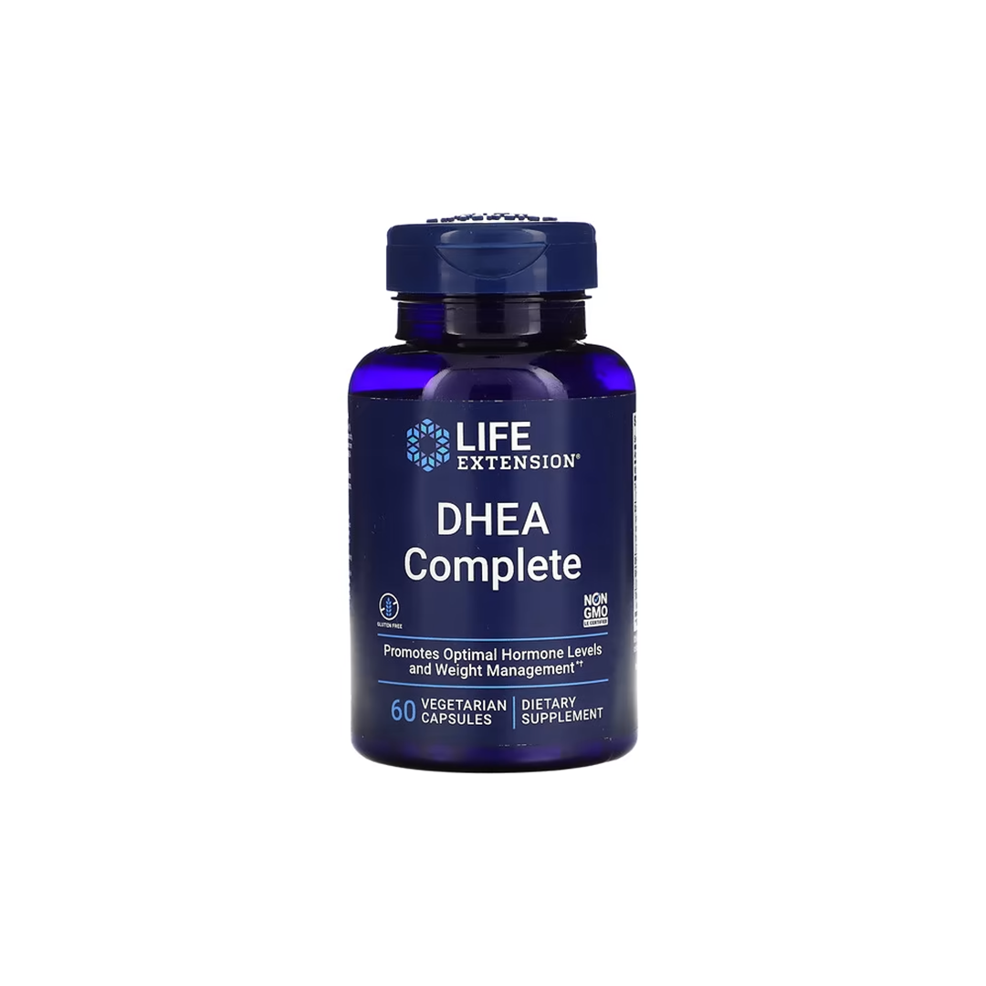 A blue bottle branded with "Life Extension" showcases the powerful DHEA Complete formula, offering 60 vegetarian capsules designed for hormone balance and weight control, all displayed on a white backdrop.