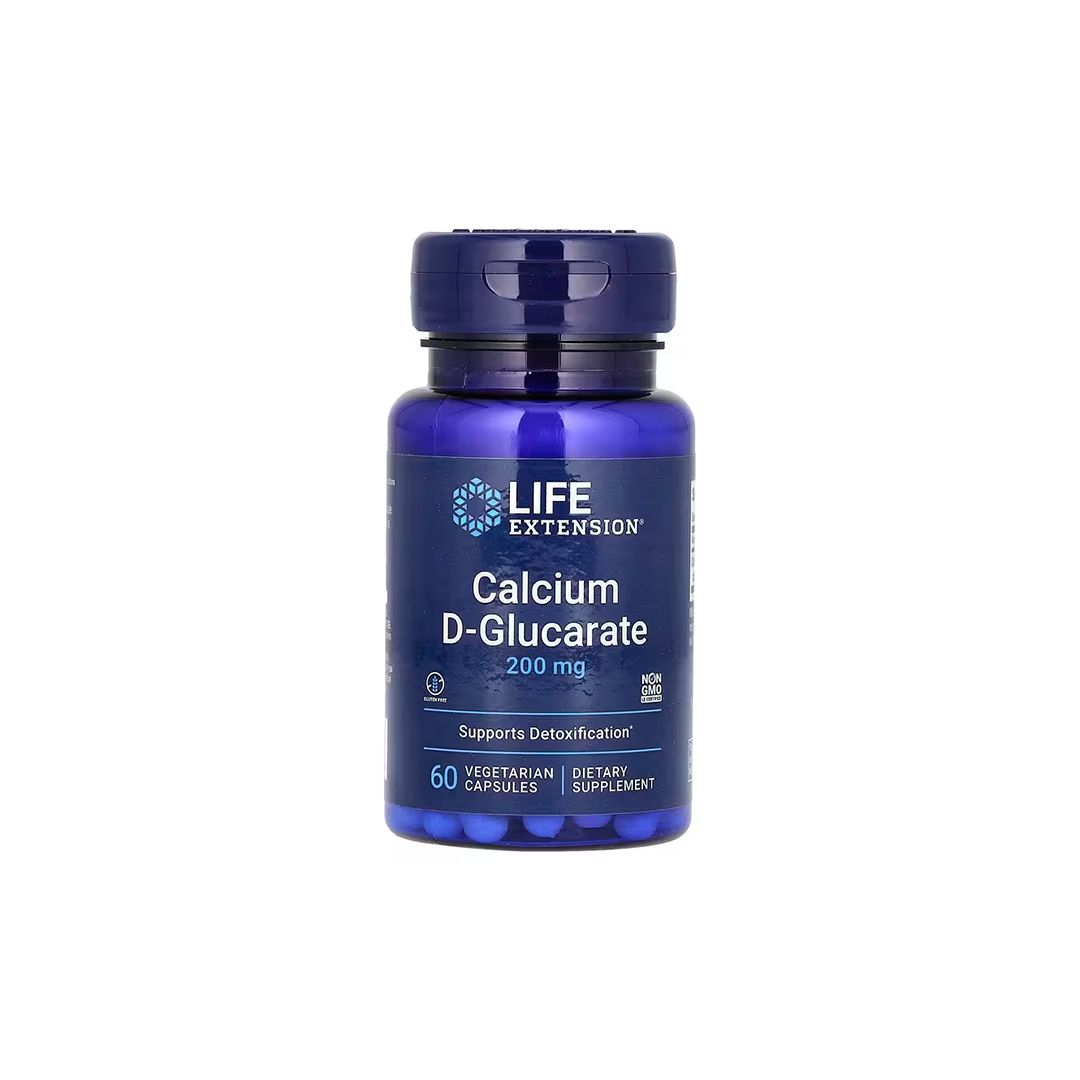 A bottle of Calcium D-Glucarate 200 mg 60 Vegetarian Capsules from Life Extension is formulated to support detoxification processes and assist in managing cholesterol levels effectively.