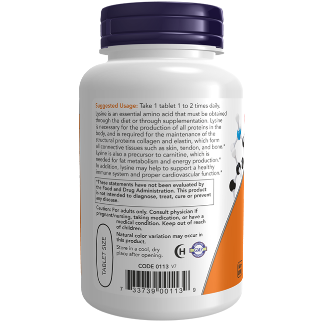 Now Foods' L-Lysine 1000 mg tablets feature this essential amino acid, known for supporting collagen synthesis. The bottle of 250 tablets includes clear usage instructions and a quality assurance seal on the label.