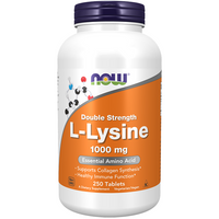 Thumbnail for NOW Foods L-Lysine 1000 mg comes in a white bottle containing 250 tablets, labeled as an essential amino acid that supports collagen synthesis and a healthy immune system.