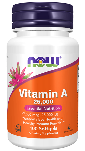 Now Foods Vitamin A 25000 IU 100 softgel is a dietary supplement containing 90 capsules. This formula includes high-quality cod liver oil, which is a rich source of vitamin A. It supports eye health and helps