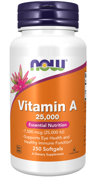 Thumbnail for Now Foods offers a high-quality Vitamin A 25000IU 250 sgel supplement. This supplement supports immune health and is formulated with potent cod liver oil to enhance the absorption of vitamin A.