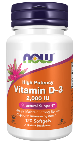 Now Foods Vitamin D3 2000 IU (50mcg) softgel enhances bone health and supports calcium absorption.