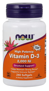 Thumbnail for Boost your immune wellness and bone health with our high potency Now Foods Vitamin D3 2000 IU (50mcg) 240 softgel supplement.