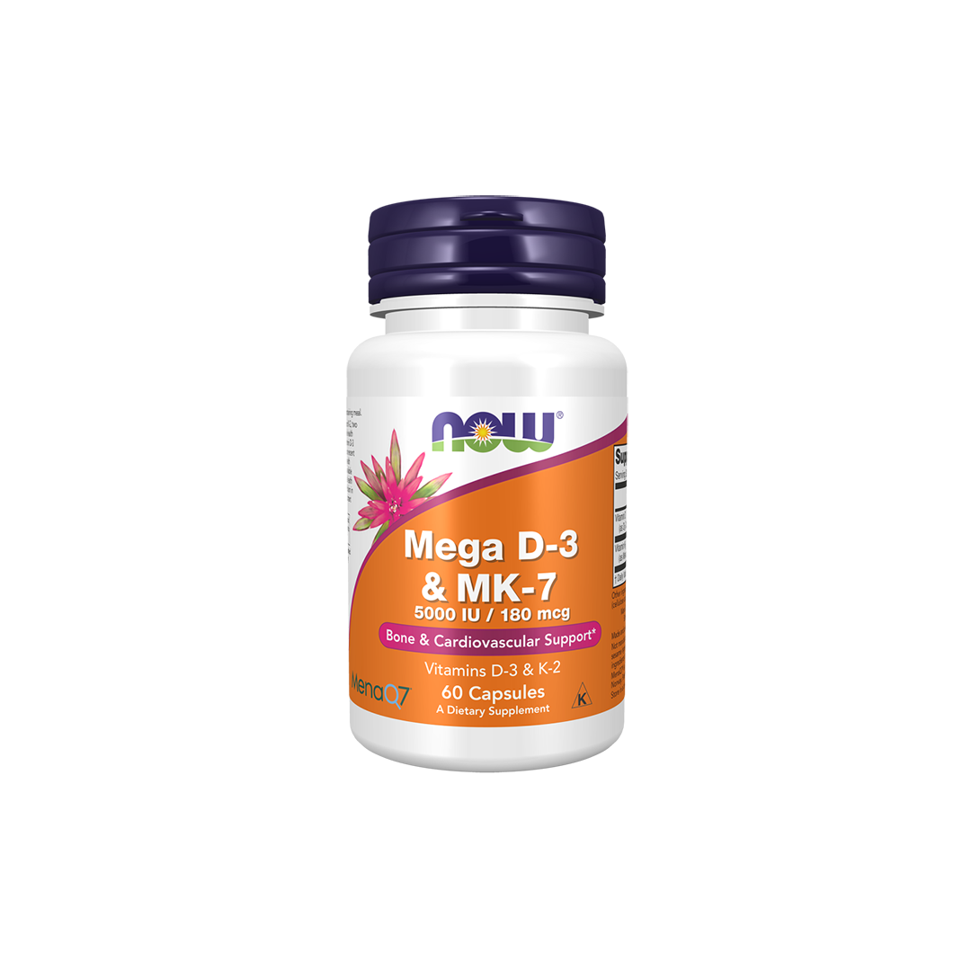 A bottle of the dietary supplement "Mega D-3 and MK-7 60 Capsules" from Now Foods, designed for bone health and cardiovascular support, contains Vitamin D3 and Vitamin K2.