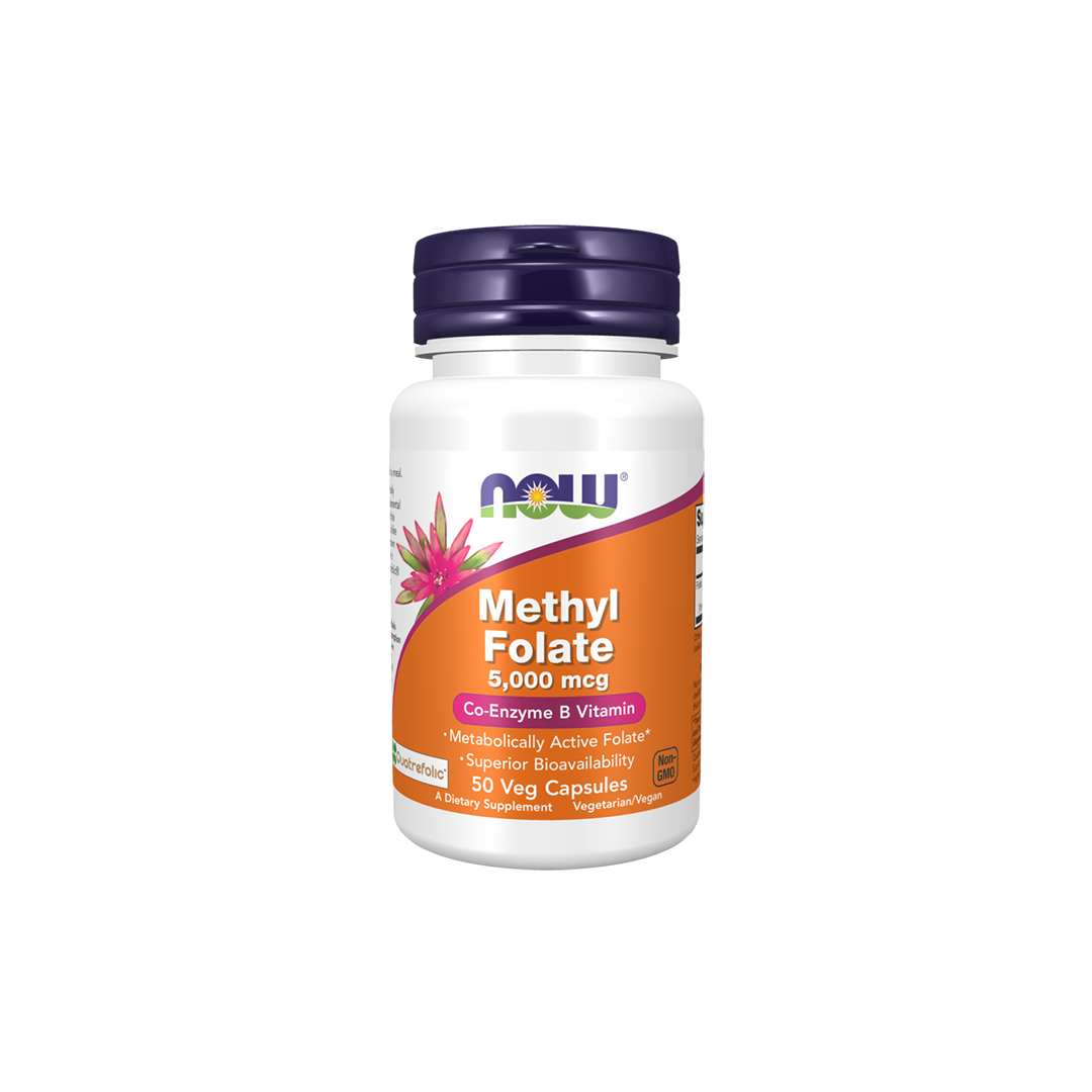 A bottle of Methyl Folate 5000 mcg, 50 Veg Capsules by Now Foods is described as a metabolically active form of folate with superior bioavailability to support DNA synthesis.