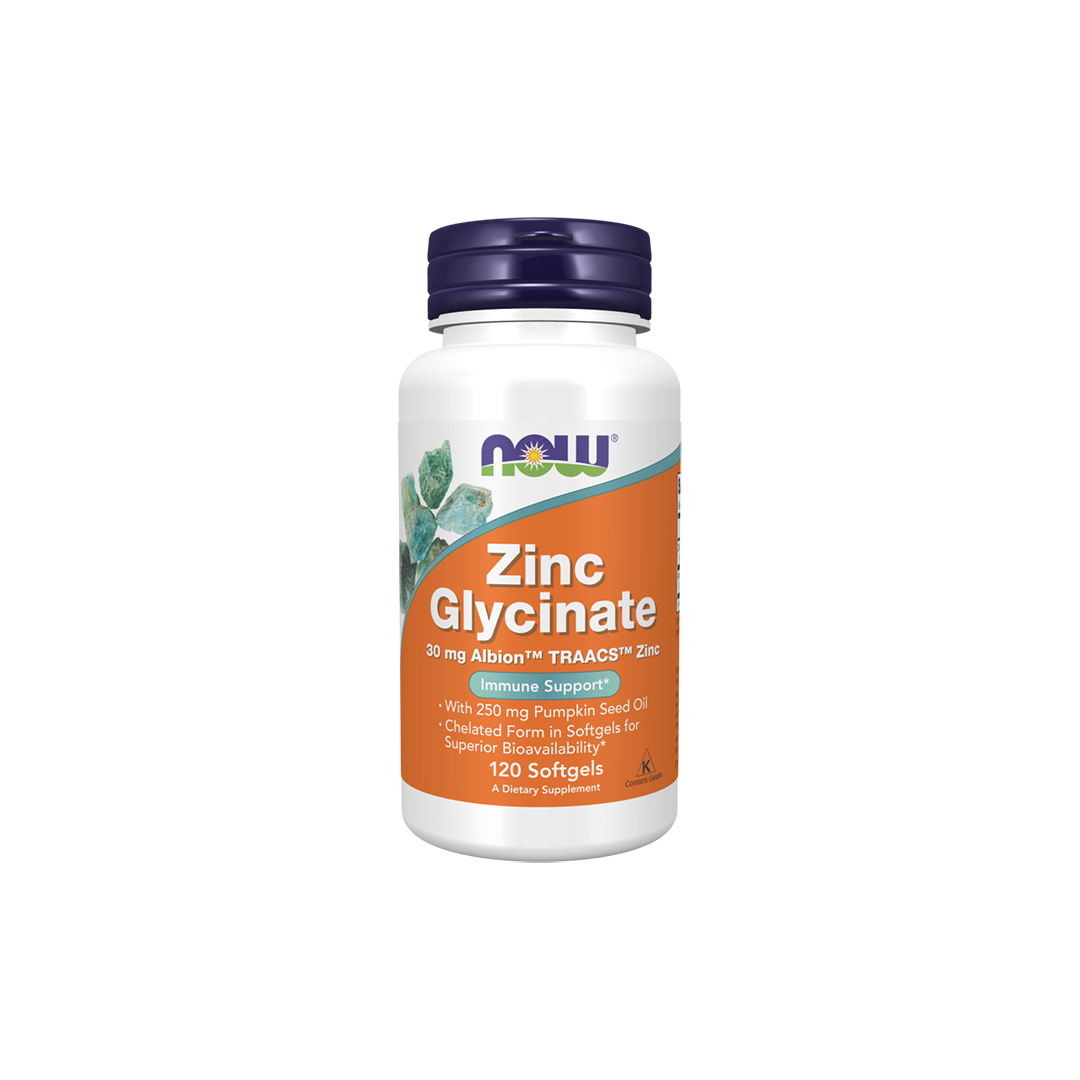 A bottle of Now Foods Zinc Glycinate 30 mg, containing 120 softgels and enriched with the benefits of pumpkin seed oil, prominently labeled for immune system support.