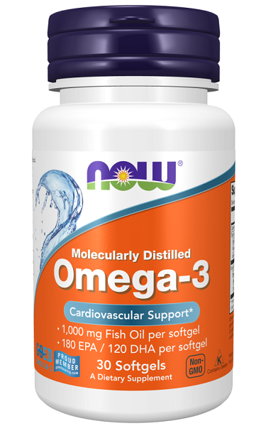 An Omega-3 180 EPA/120 DHA 30 softgel supplement from Now Foods, rich in fish oil to promote a healthy heart.