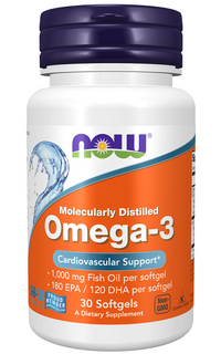 Thumbnail for An Omega-3 180 EPA/120 DHA 30 softgel supplement from Now Foods, rich in fish oil to promote a healthy heart.